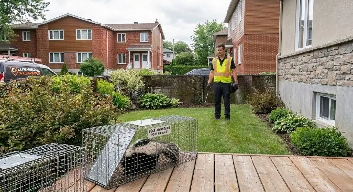 Technicien exterminateur installant une cage humanitaire pour capturer une moufette au Québec