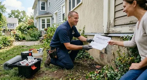 Exterminateur certifié remettant une garantie écrite après une dératisation et un calfeutrage contre les souris