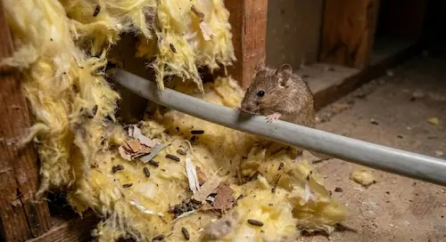Dommages cachés dans l'isolation thermique et fils électriques rongés par des souris, constituant un vice caché immobilier