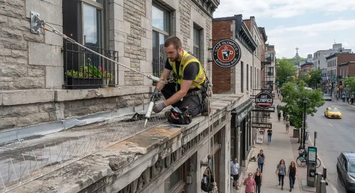 Technicien installant des pics anti-pigeons sur une corniche commerciale à Montréal